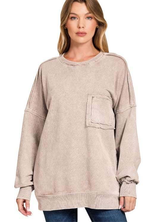 Mindy Mineral Washed Pullover- Mocha