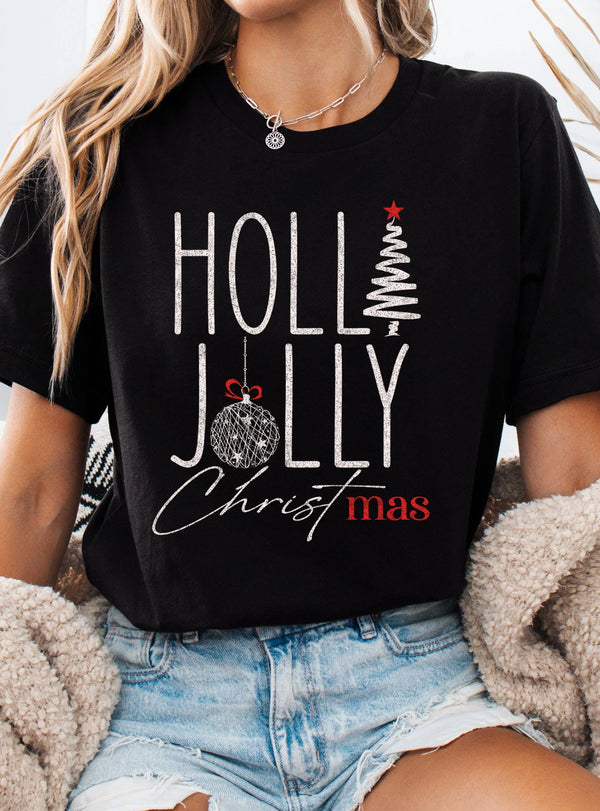 HOLLY JOLLY CHRISTMAS TREE GRAPHIC TSHIRTS: Black