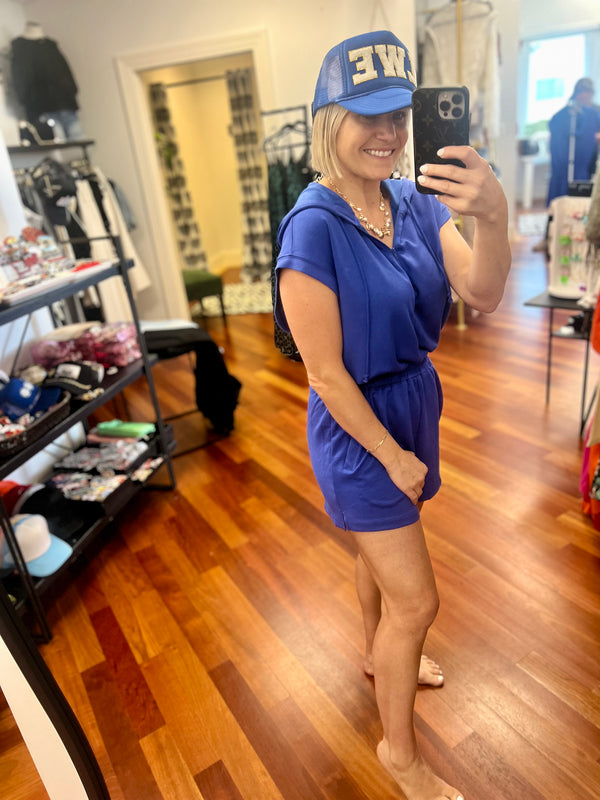 Take Your Time Hooded Romper- Cobalt Blue