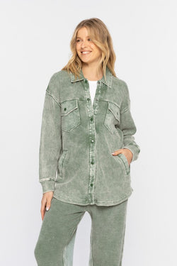 Madison Mineral Washed Shacket- Olive