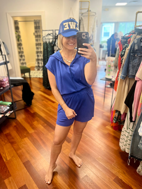 Take Your Time Hooded Romper- Cobalt Blue