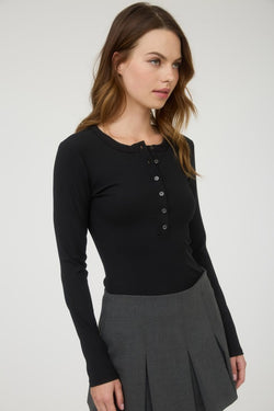 Hayley Ribbed Henley- Black