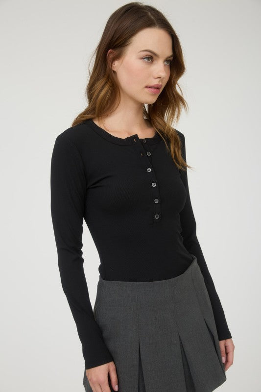 Hayley Ribbed Henley- Black