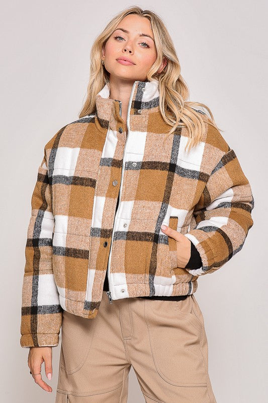 Priscilla Plaid Bomber Jacket- Brown