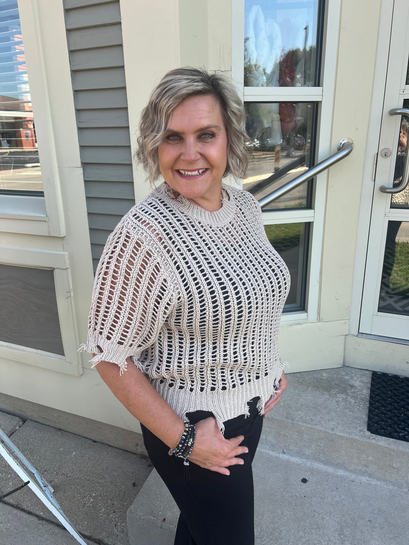 Cat Crochet Fall Top - Carmel Latte