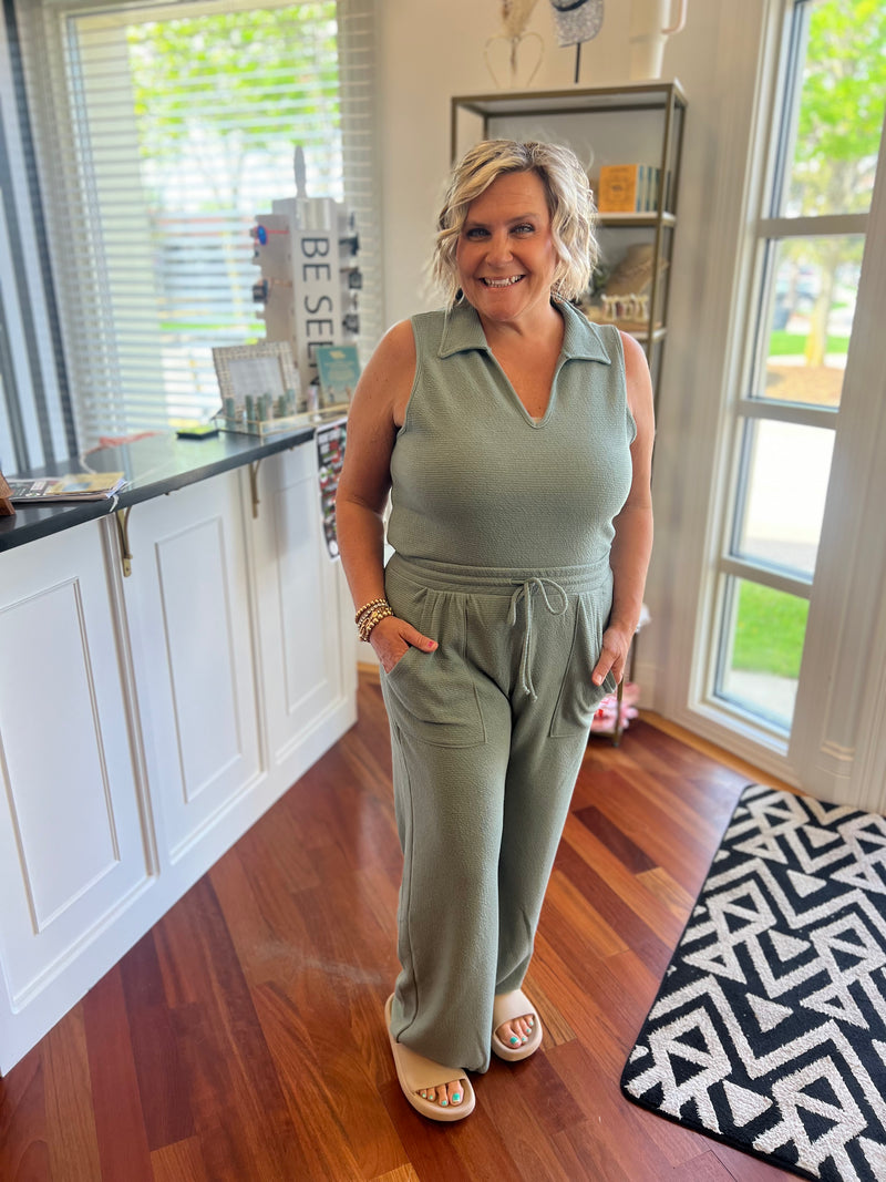 In The Clouds Knit Collared Top- Sage