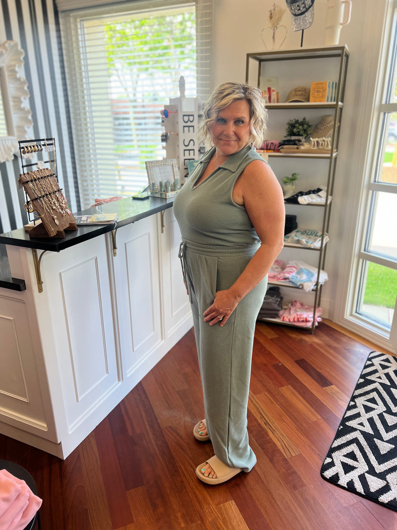 In The Clouds Knit Collared Top- Sage