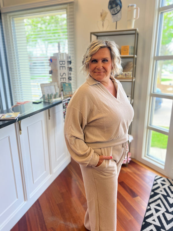 In The Clouds Knit Collared Top- Taupe