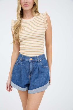 Touch Of Ruffles Striped Top- Ivory and Taupe