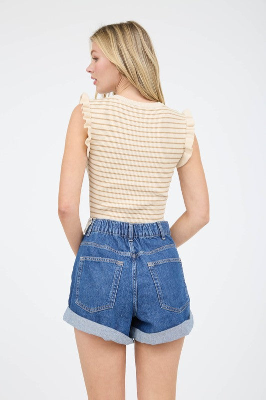 Touch Of Ruffles Striped Top- Ivory and Taupe