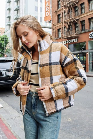 Priscilla Plaid Bomber Jacket- Brown