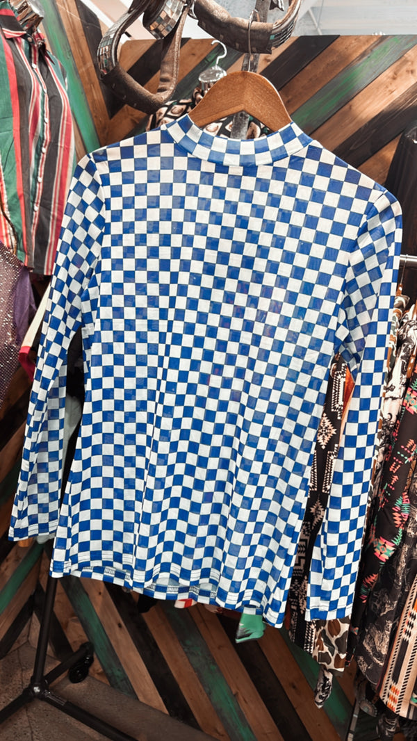 Large Check It Out Top- Blue/White