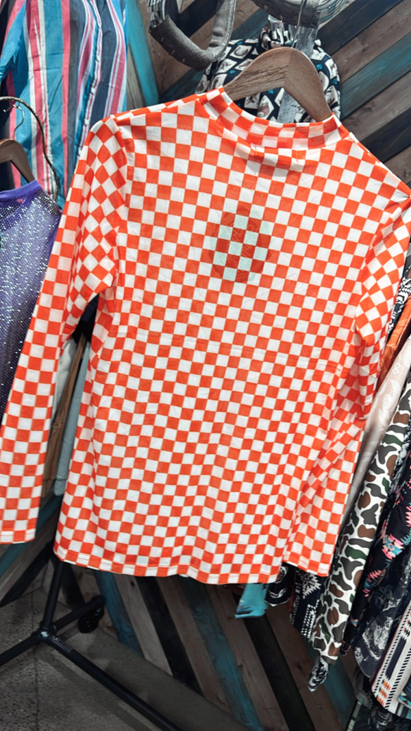 Large Check It Out Top- Orange/White