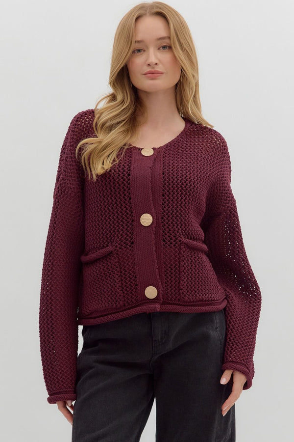 Serena Button Up Sweater- Wine