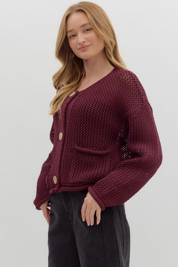 Serena Button Up Sweater- Wine