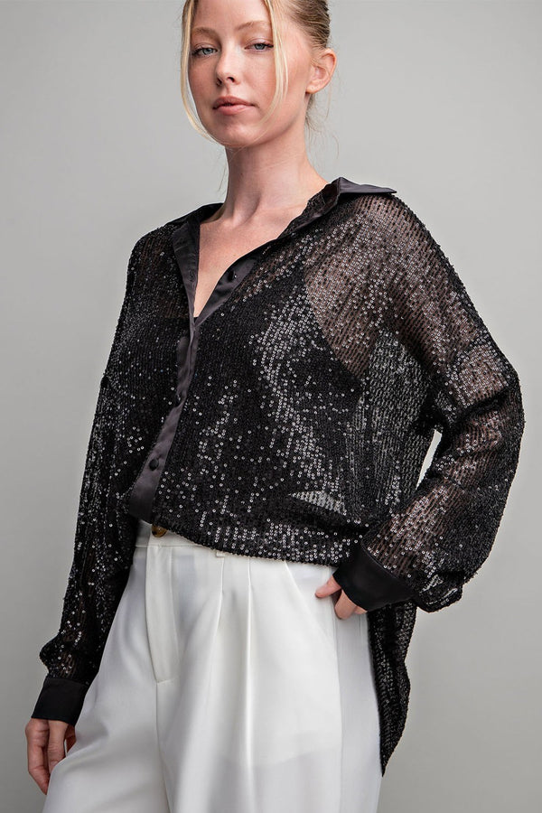 Stand Out Sequin Button Down-Black