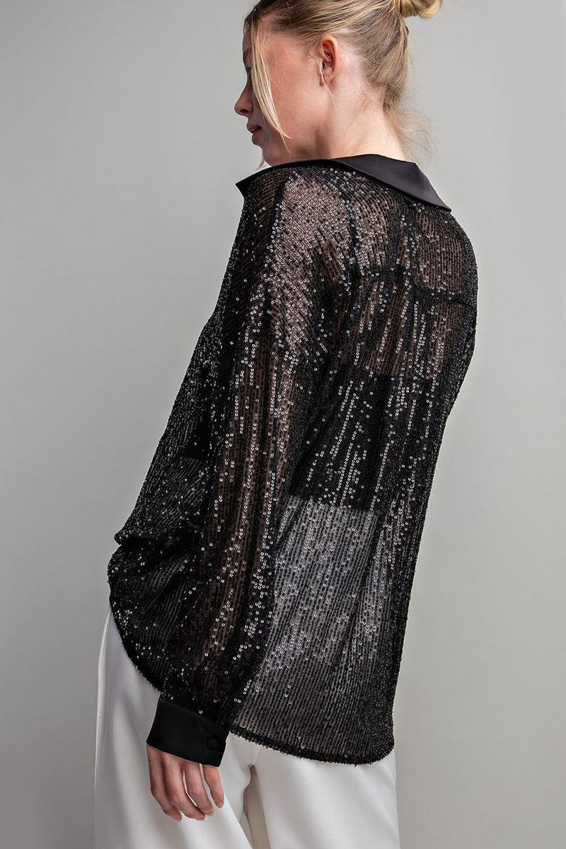 Stand Out Sequin Button Down-Black