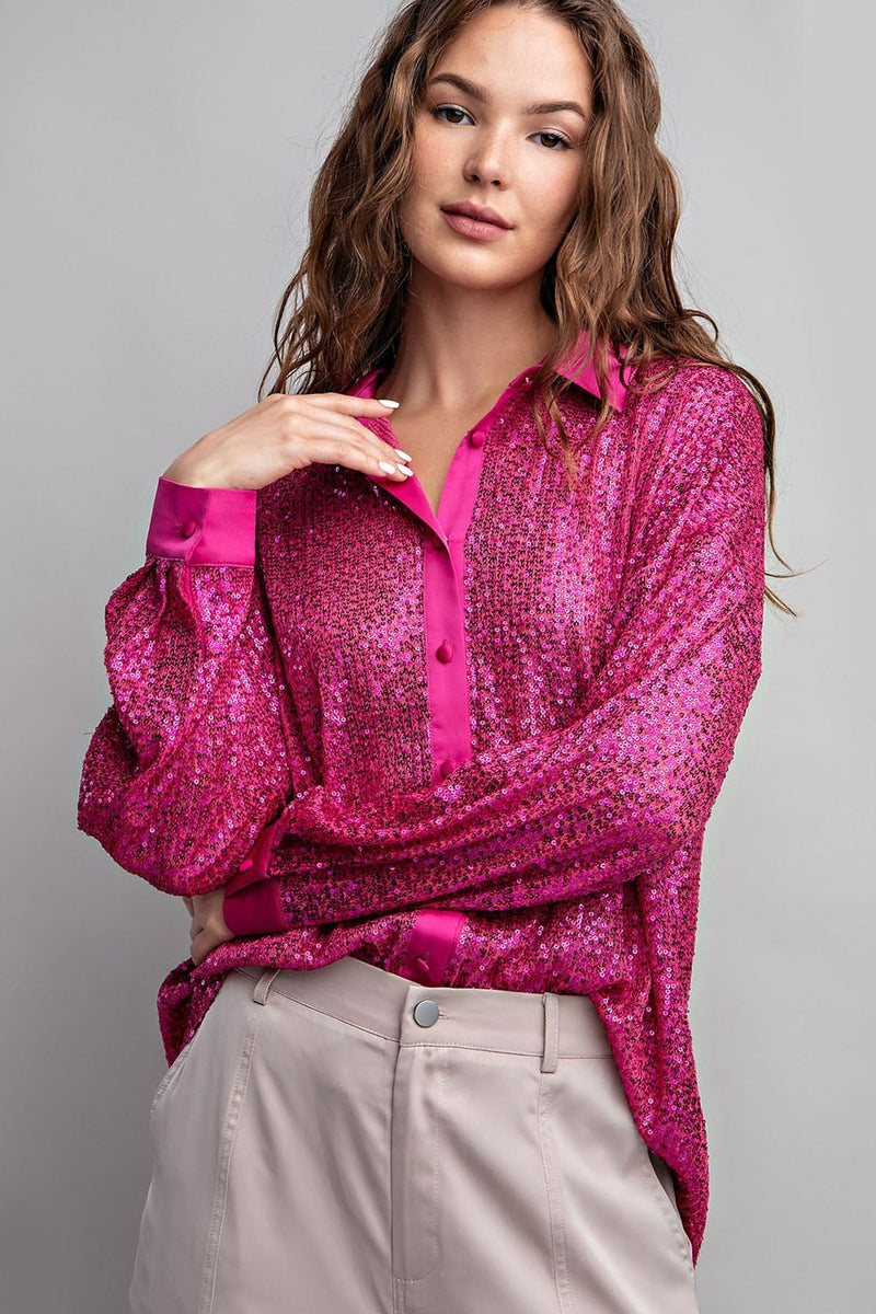 Stand Out Sequin Button Down- Pink