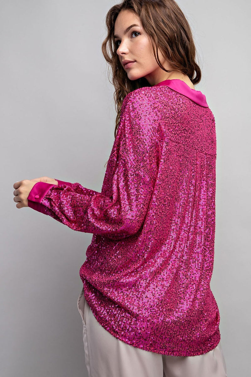 Stand Out Sequin Button Down- Pink