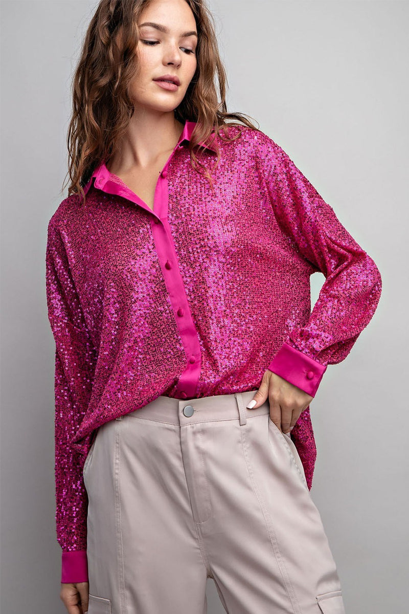 Stand Out Sequin Button Down- Pink