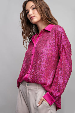 Stand Out Sequin Button Down- Pink