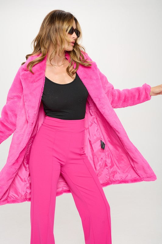 Savannah Faux Fur Coat-HOT PINK