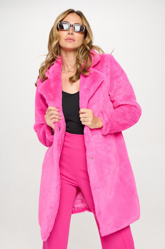 Savannah Faux Fur Coat-HOT PINK