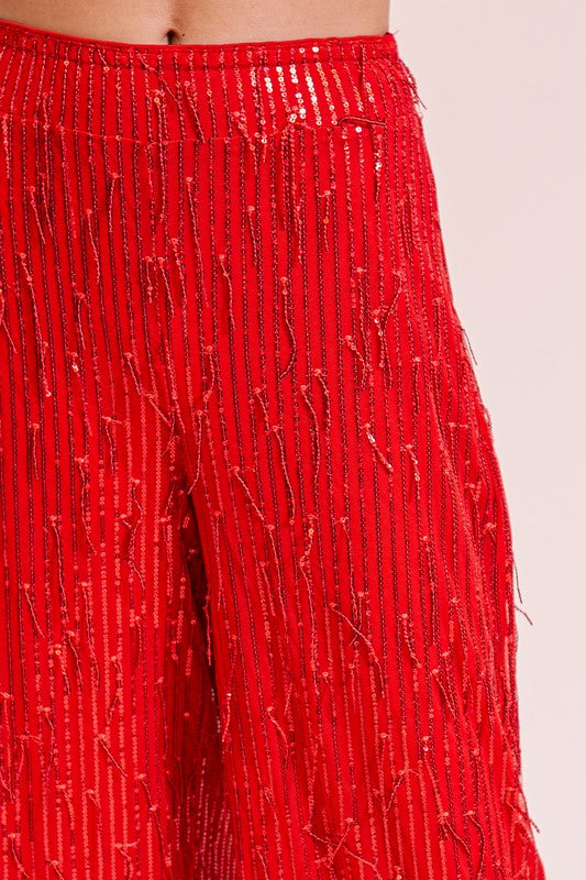 Ruby Red Wide-Leg Sequin Pants