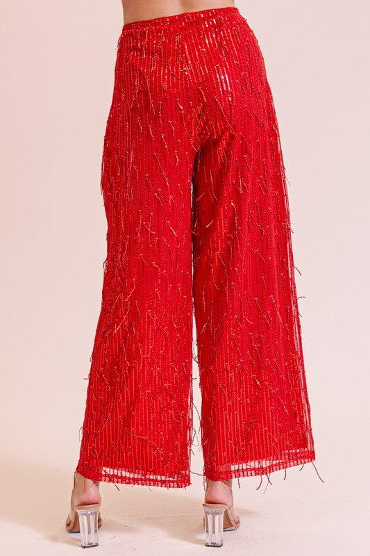 Ruby Red Wide-Leg Sequin Pants