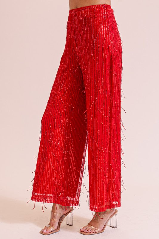 Ruby Red Wide-Leg Sequin Pants