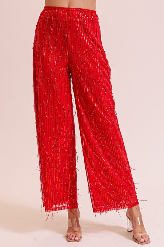 Ruby Red Wide-Leg Sequin Pants